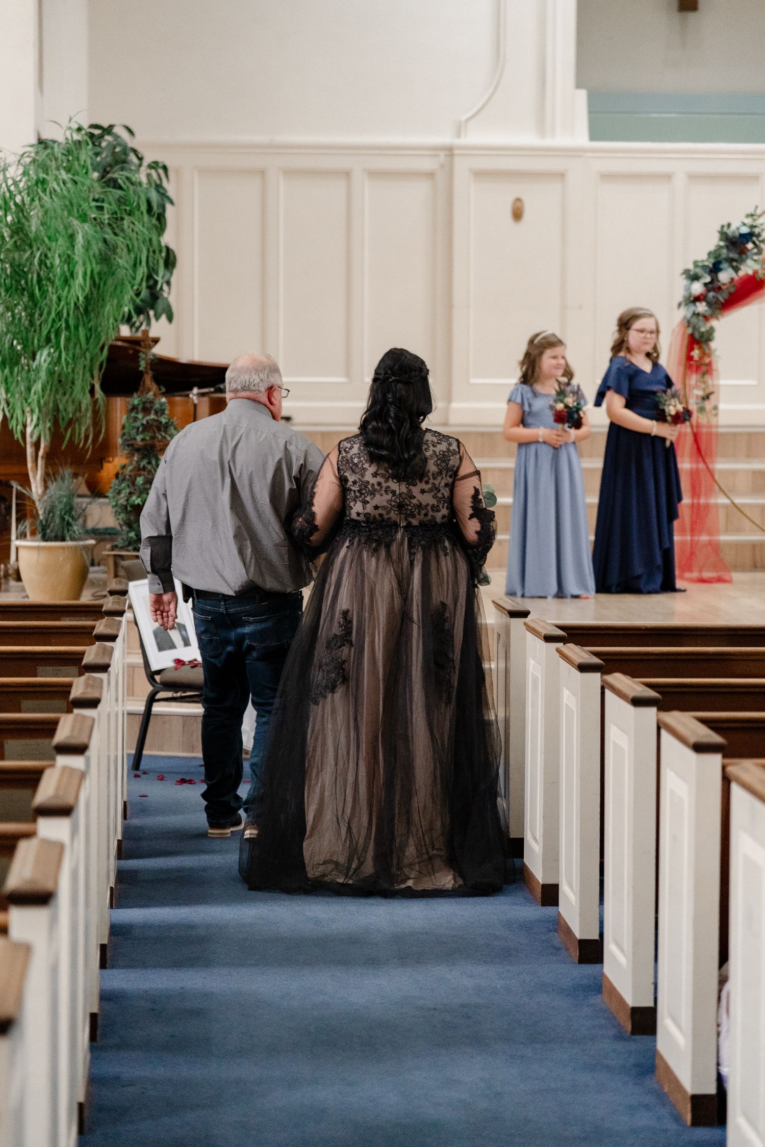 A sequence of photos showing people in formal attire moving through church pews with blue carpeting.
