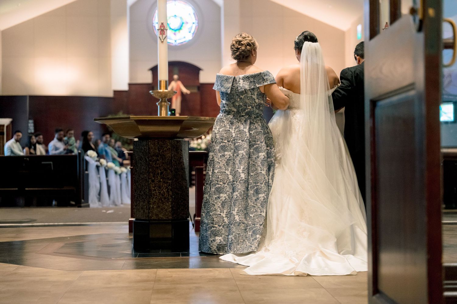 A series of wedding ceremony photos showing a bride in a white gown at various moments during the celebration.