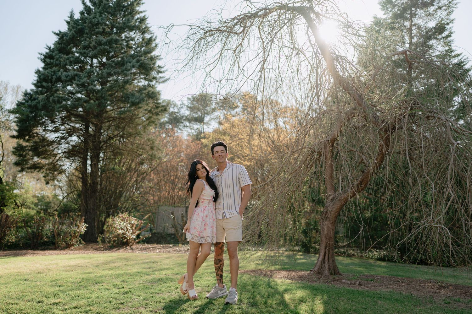 Couple holding hands standing on green lawn surrounded by tall trees in sunlight.