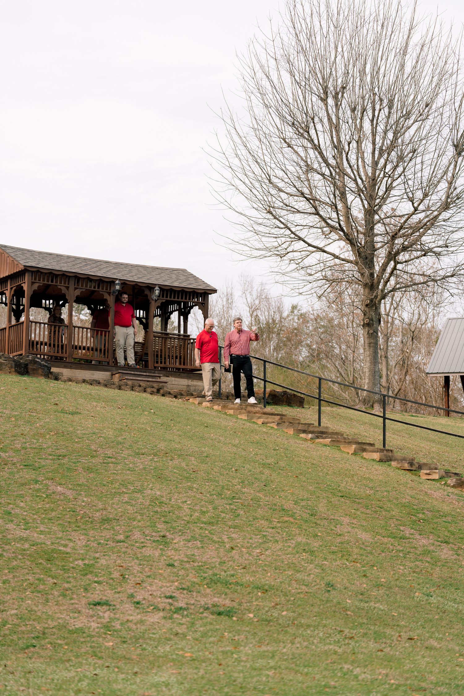 Small wedding party gathered near a rustic wooden gazebo on a green hillside with bare trees in winter.
