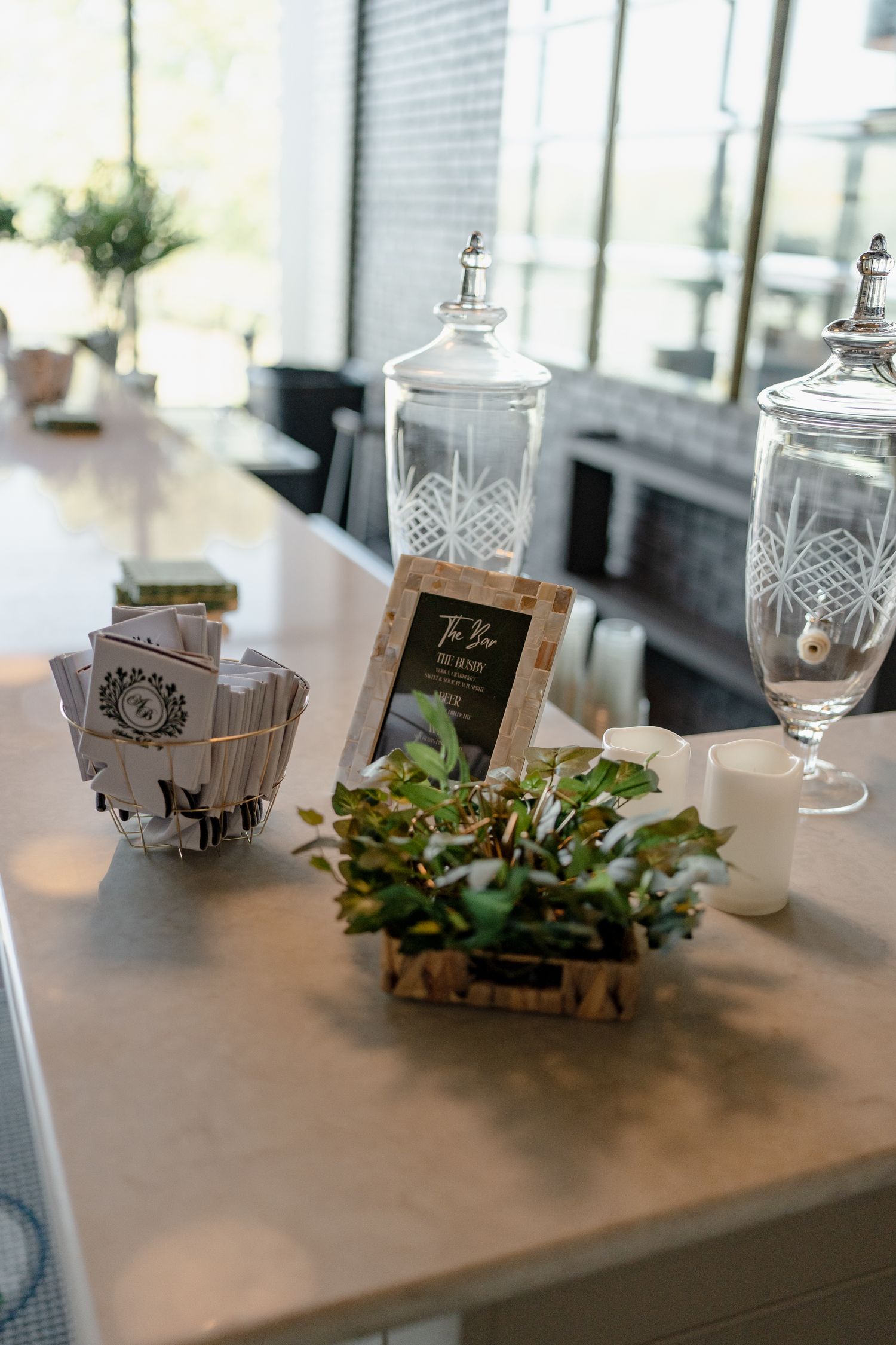 Elegant glass beverage dispensers and decorative succulents arranged on a modern table setting.