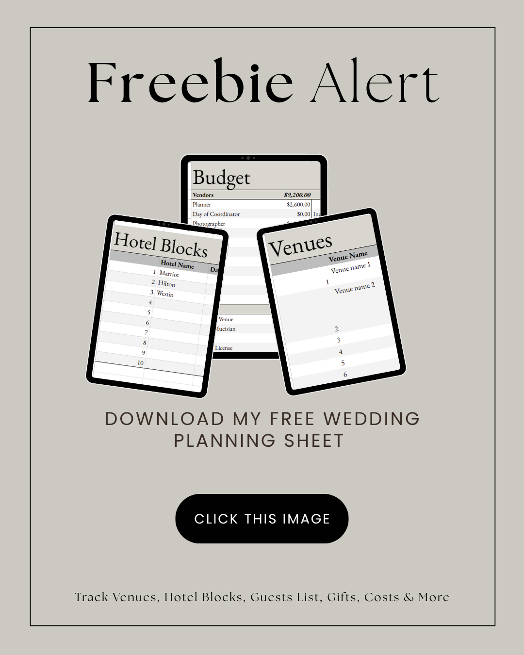 Free wedding planning worksheet advertisement featuring budget and venue tracking templates.