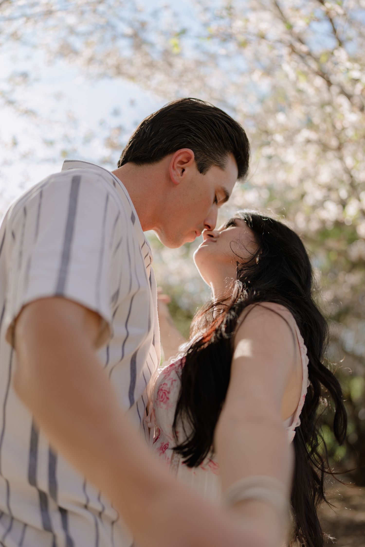 Romantic couple sharing a kiss outdoors under blooming cherry blossom trees in soft natural light.