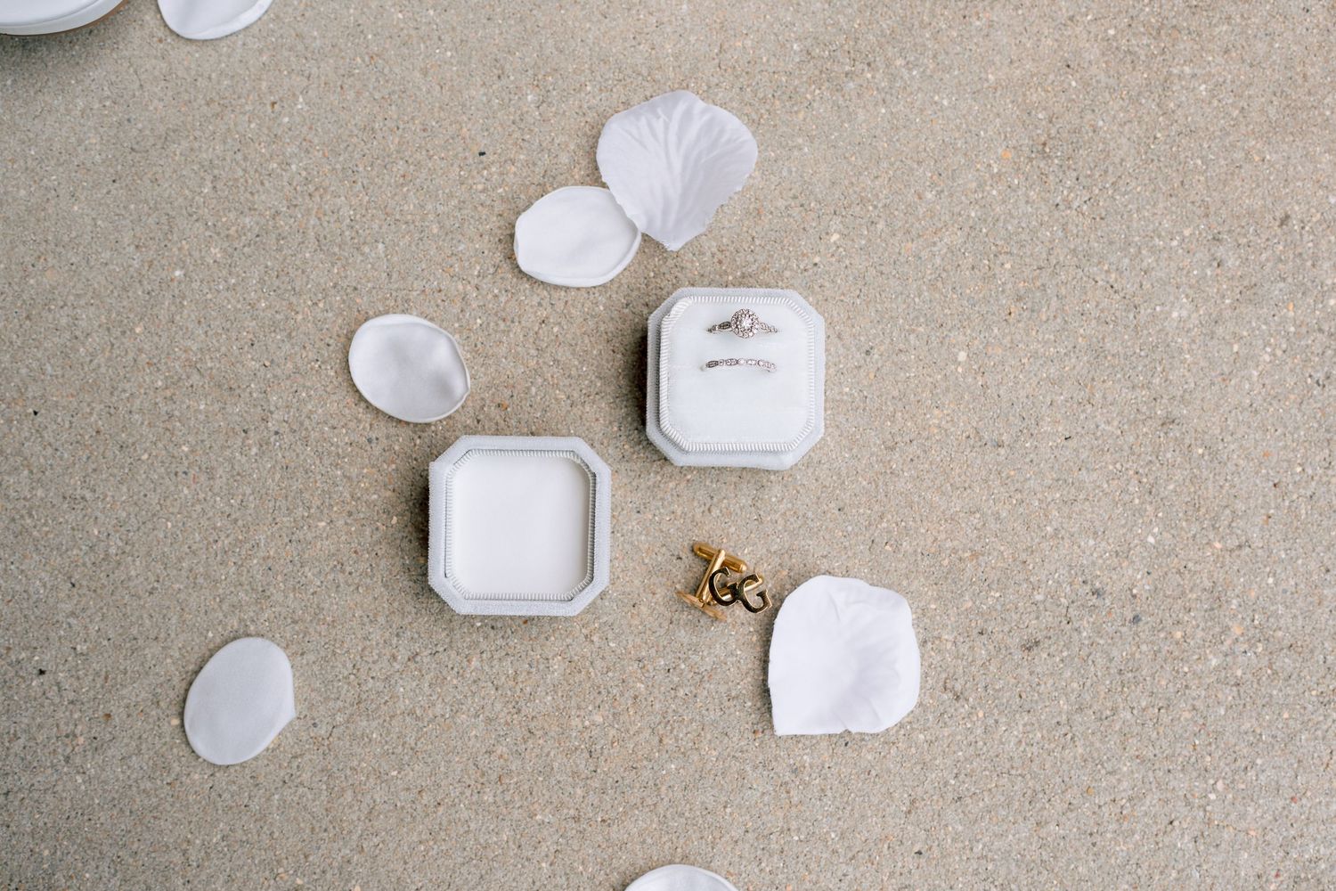 Wedding rings in white boxes surrounded by scattered white rose petals on a textured beige surface.