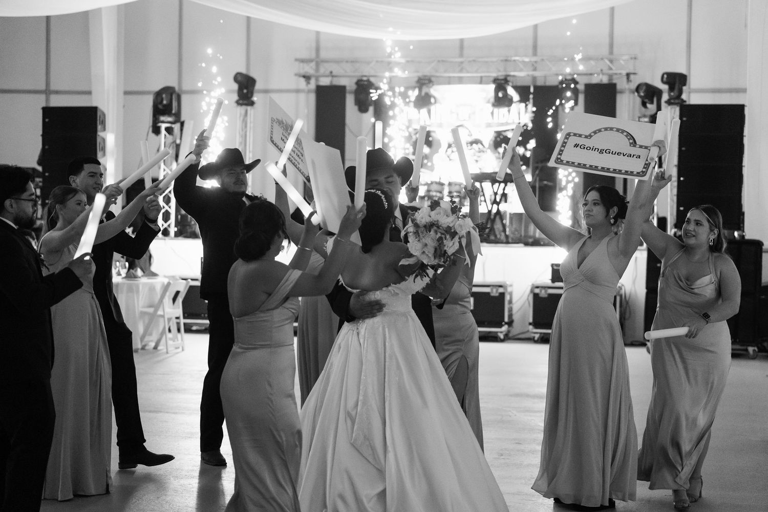 Black and white photos showing couples dancing together at an elegant wedding reception.
