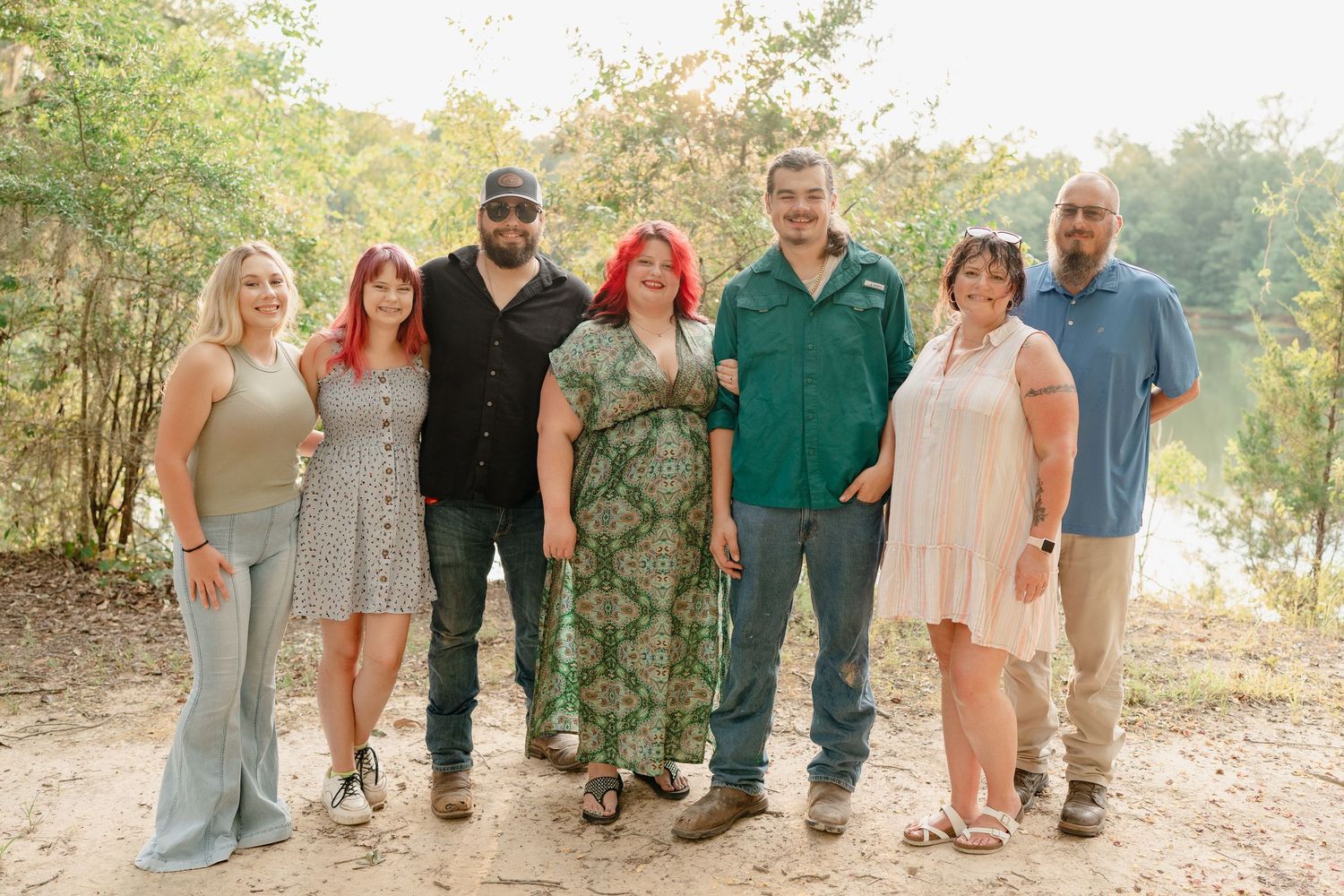 Multiple group shots of friends and family gathered outdoors in natural lighting.