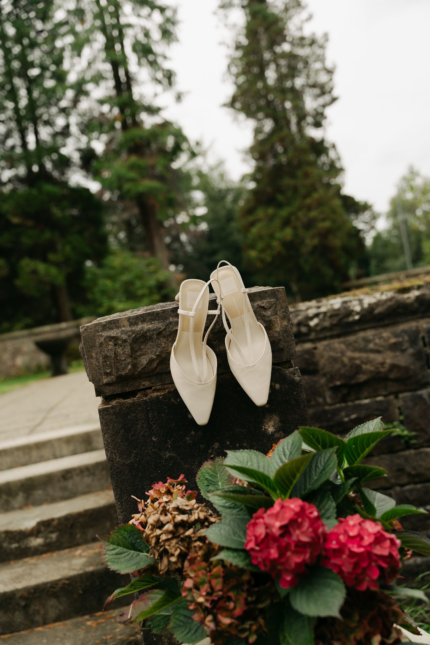 heels hung on brick steps with flowers below