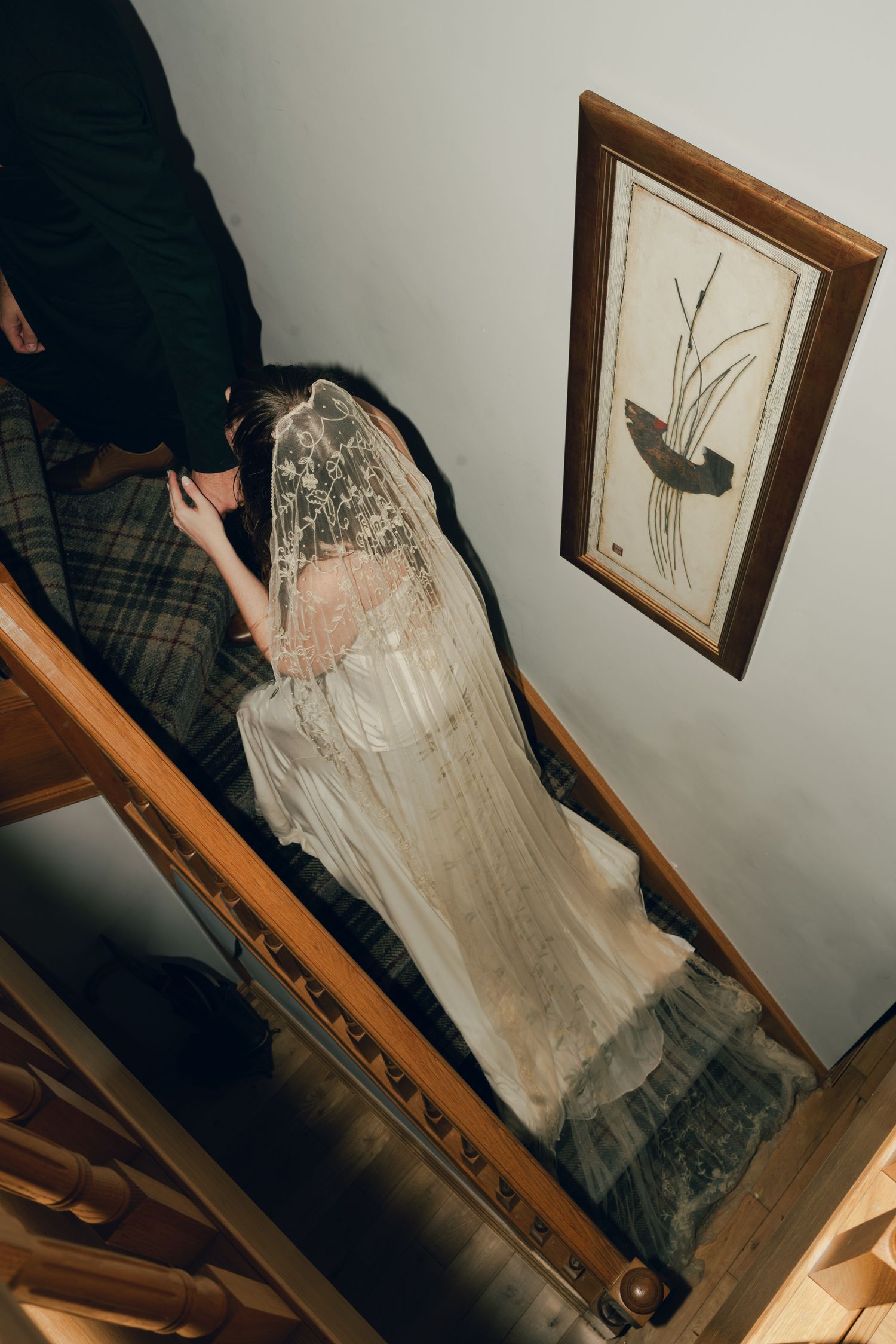 bride walking up stairs