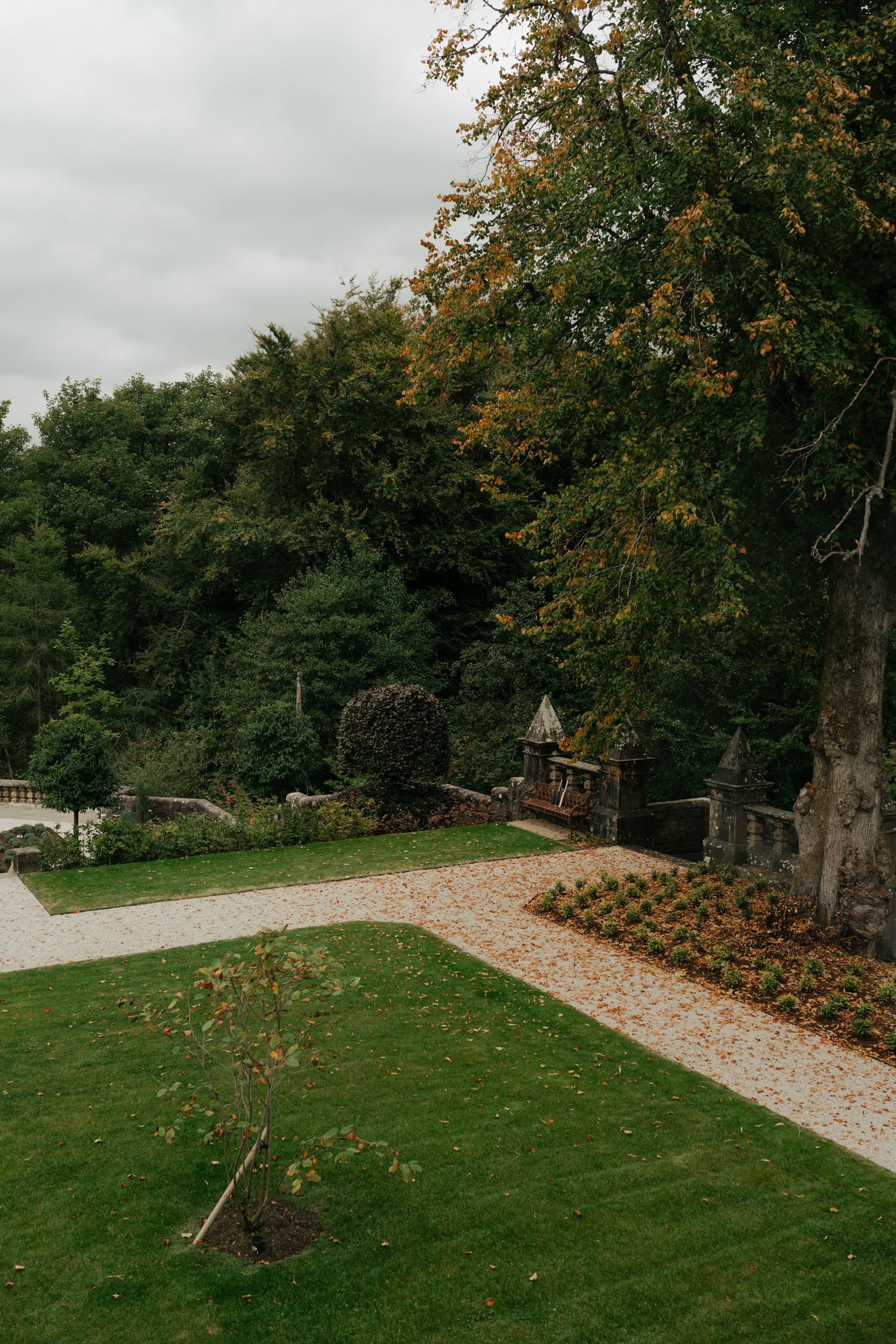 courtyard in Scotland at a castle with fall leaves on the ground, Dollarbeg Castle