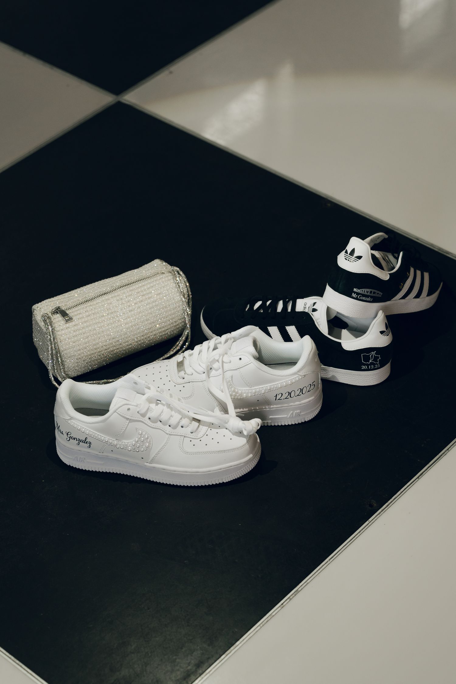 shoes on checkered floor with a purse