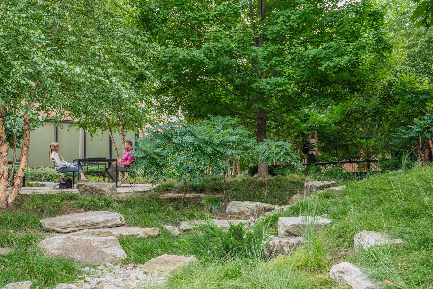 Natural stone features and winding paths create a serene urban garden environment.