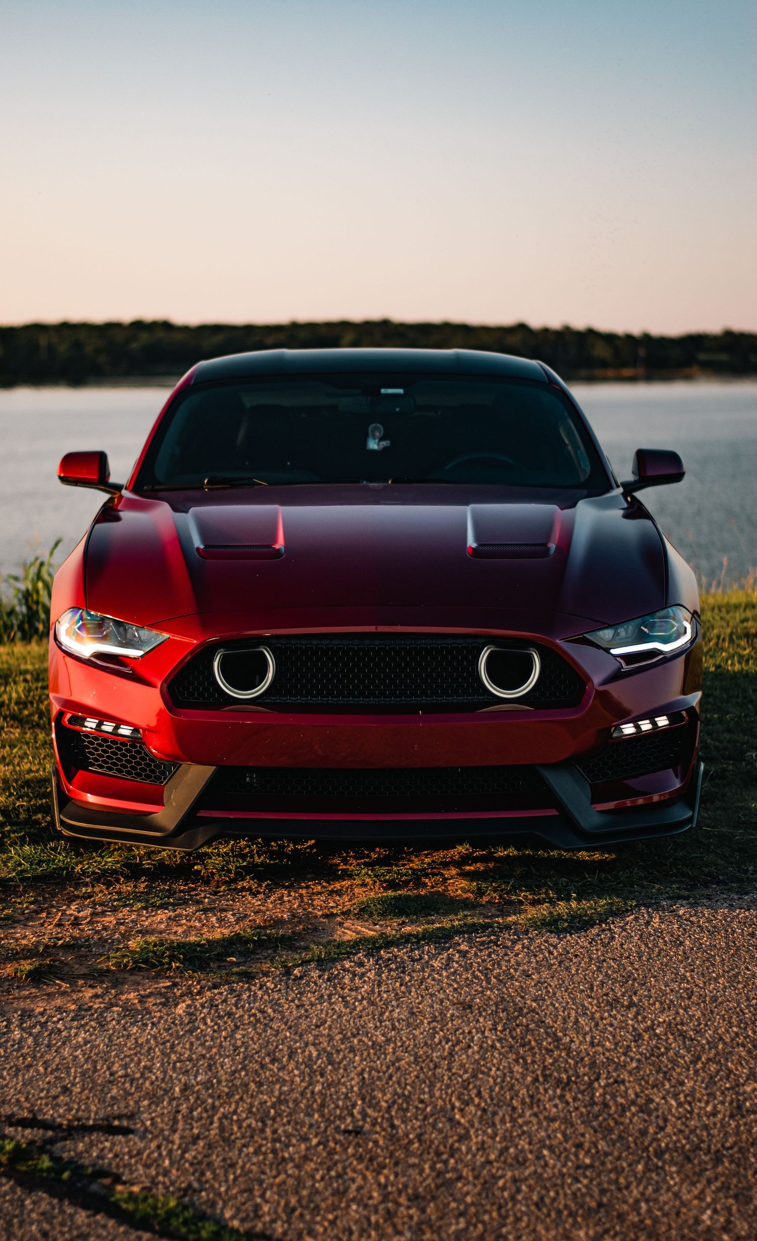 Bold automotive photography of a red Ford Mustang at sunset, capturing sleek design, sharp details, and powerful performance styling.