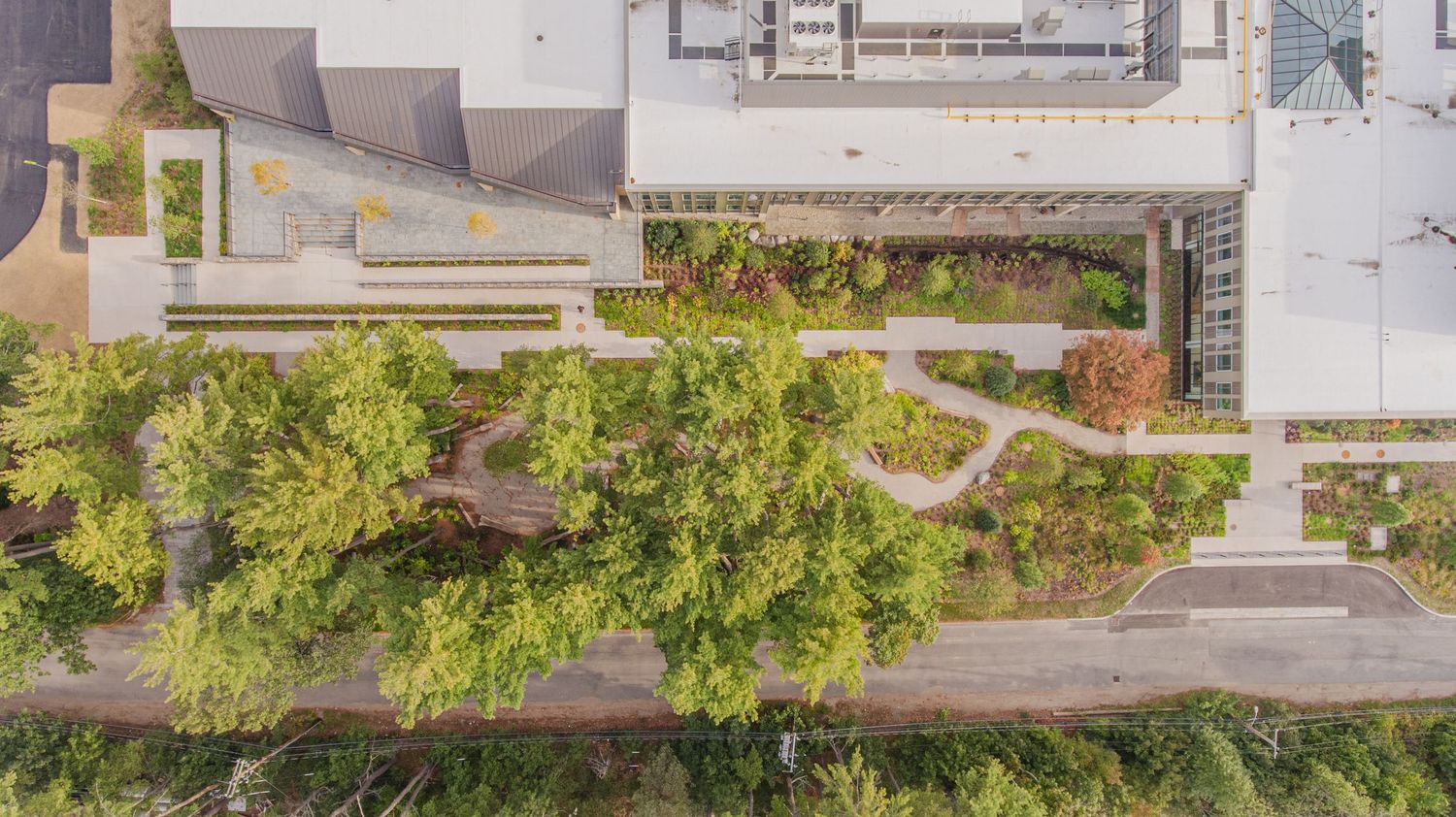 Bird's eye view of contemporary building complex with integrated landscaping and pathways.