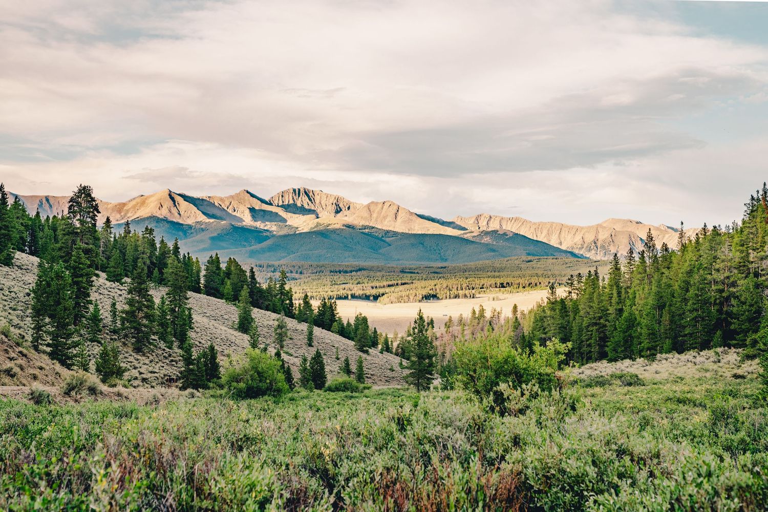 Scenic mountain landscape with evergreen trees, rolling hills, and a lake under a cloudy sky in a vast wilderness.