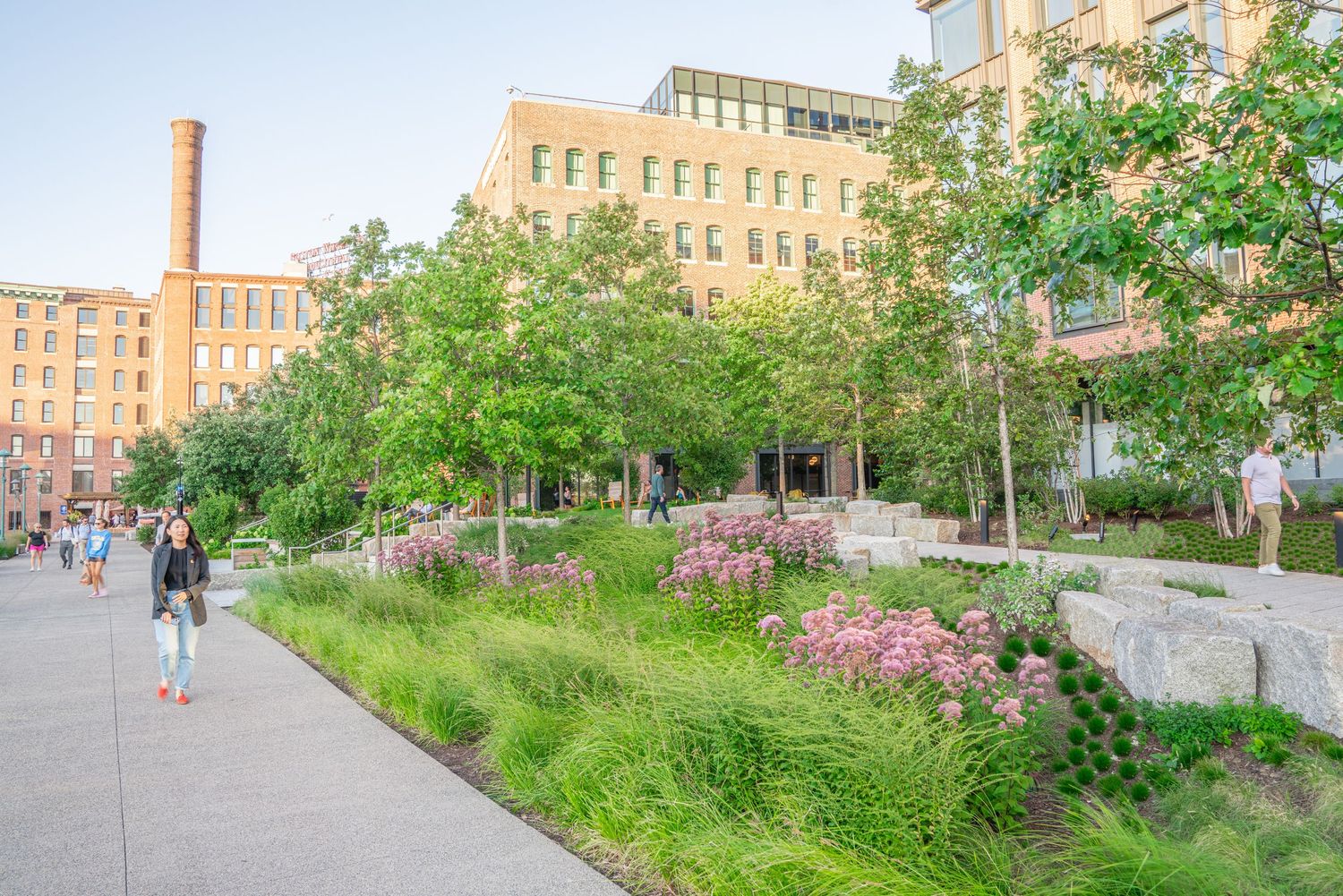 Elevated walkway with lush greenery and flowering plants along the High Line park in New York City.