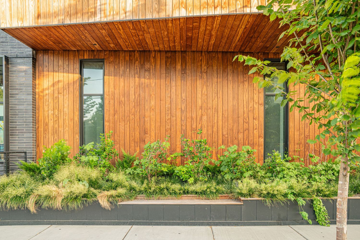 Wood-paneled building exterior with green landscaping and modern architectural details.