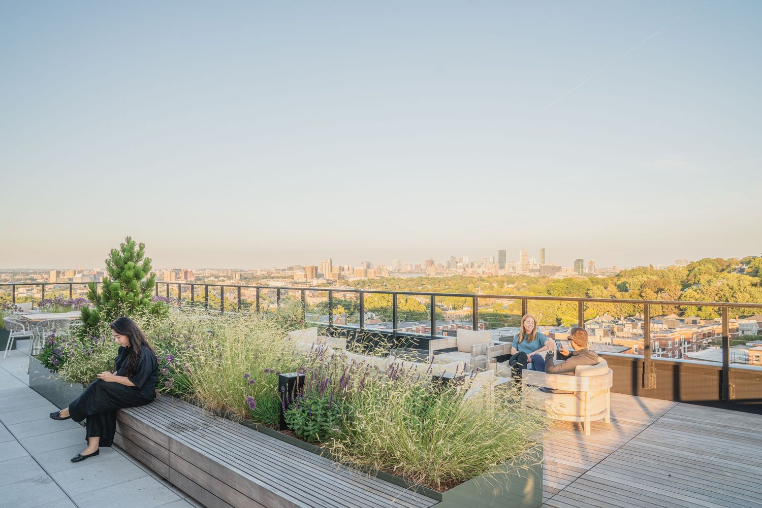Rooftop terrace with panoramic city views and landscaped garden features.