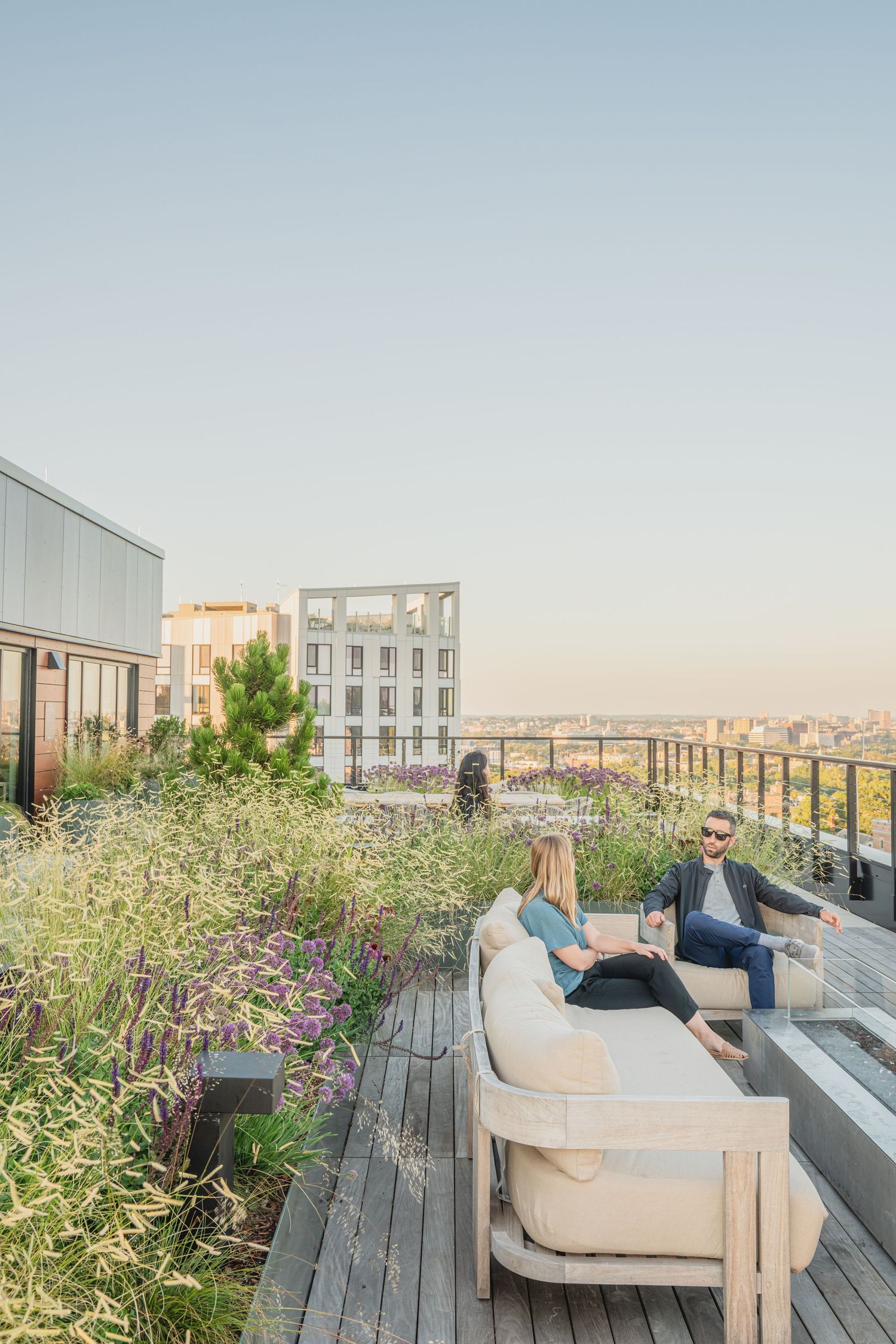 Rooftop lounge area with comfortable seating surrounded by native plants and city views.