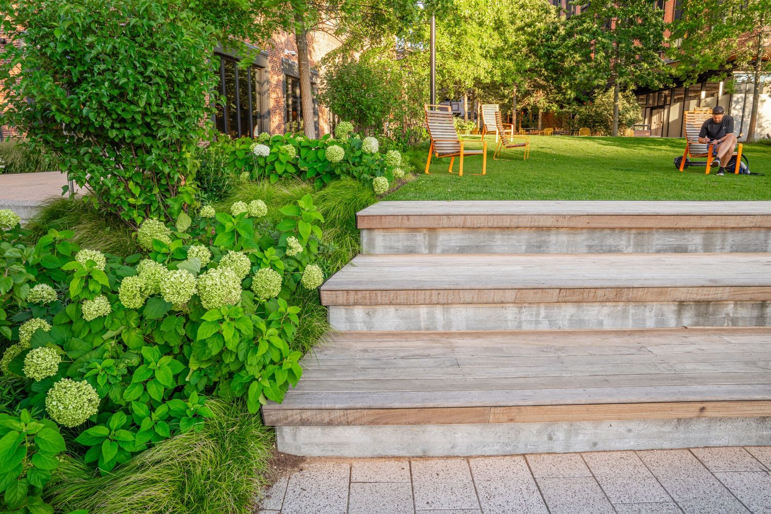 Curved concrete steps with integrated planters create an accessible pathway through a green urban space.
