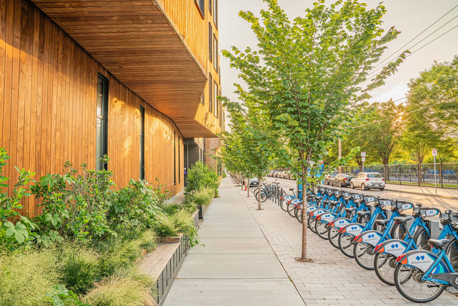Bike share station with blue bicycles lined up along a modern building exterior.