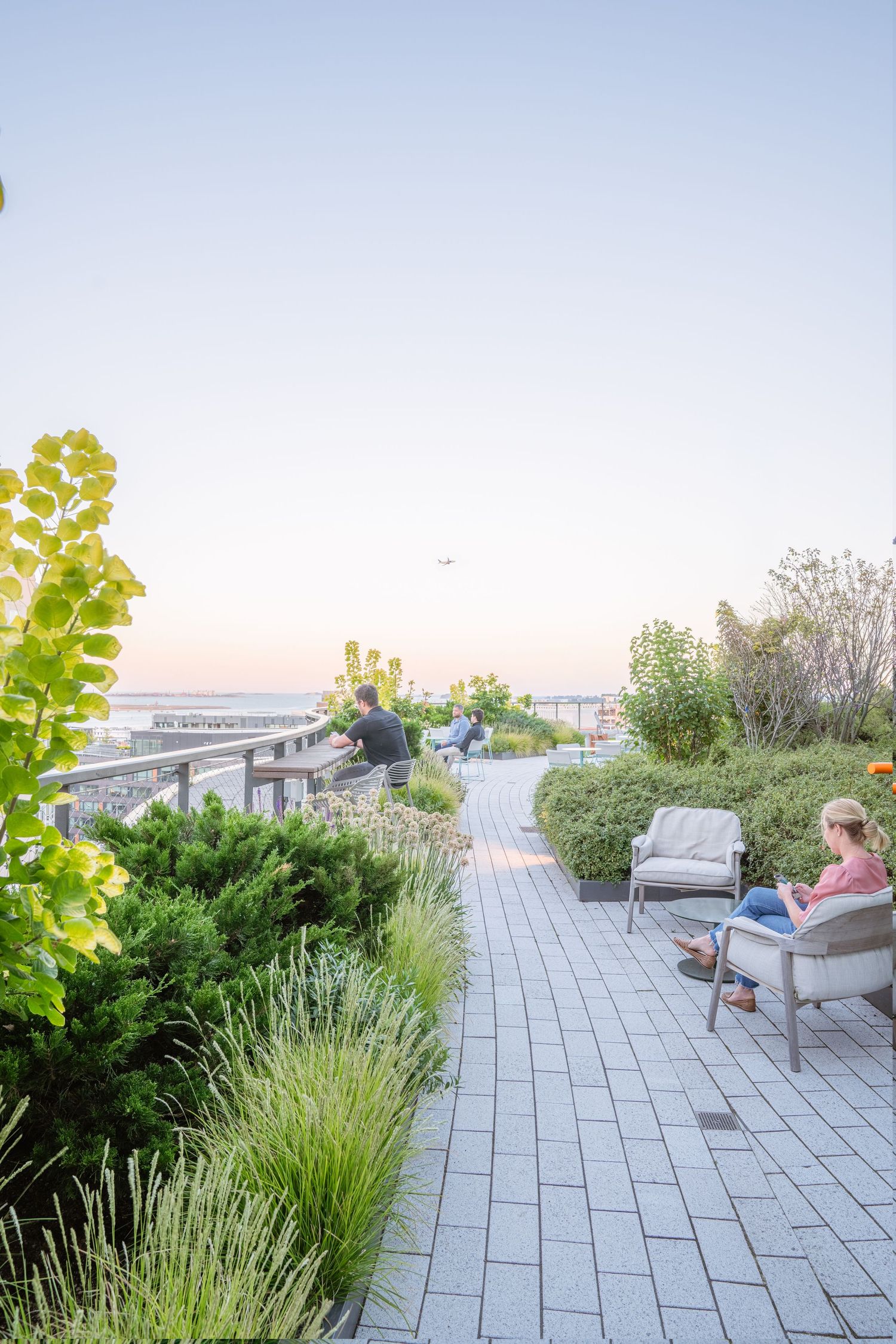 Modern rooftop terrace with grey paving stones and comfortable outdoor furniture surrounded by ornamental grasses.