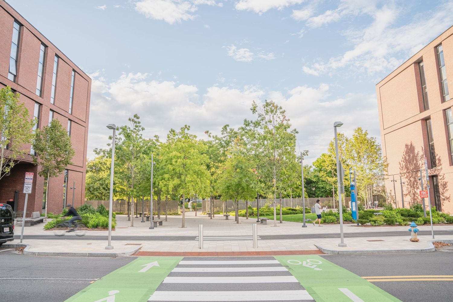 Wide pedestrian walkway with green bike lanes and crosswalks between modern buildings.