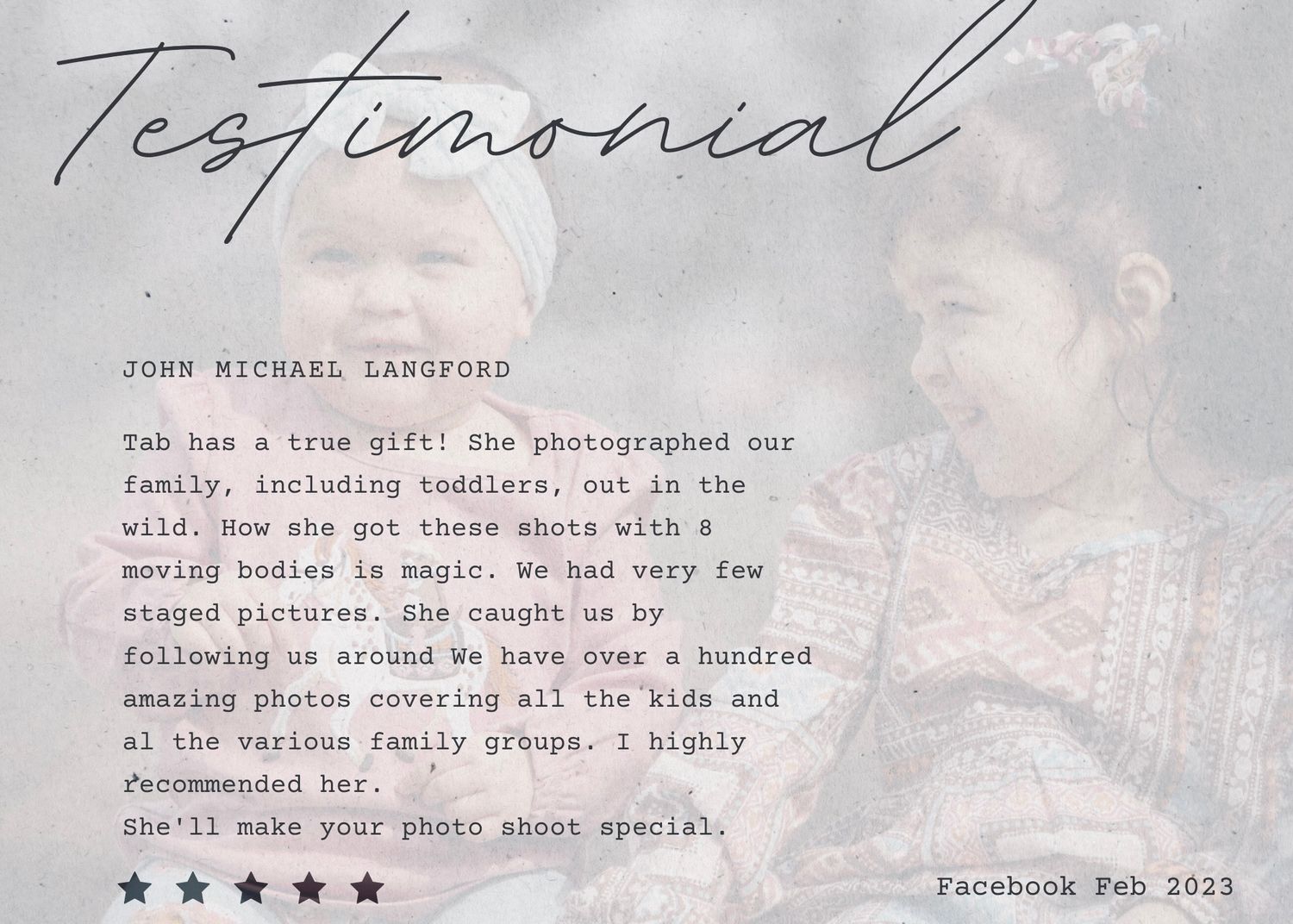 Customer feedback card with 5 star rating displayed in an elegant script design.