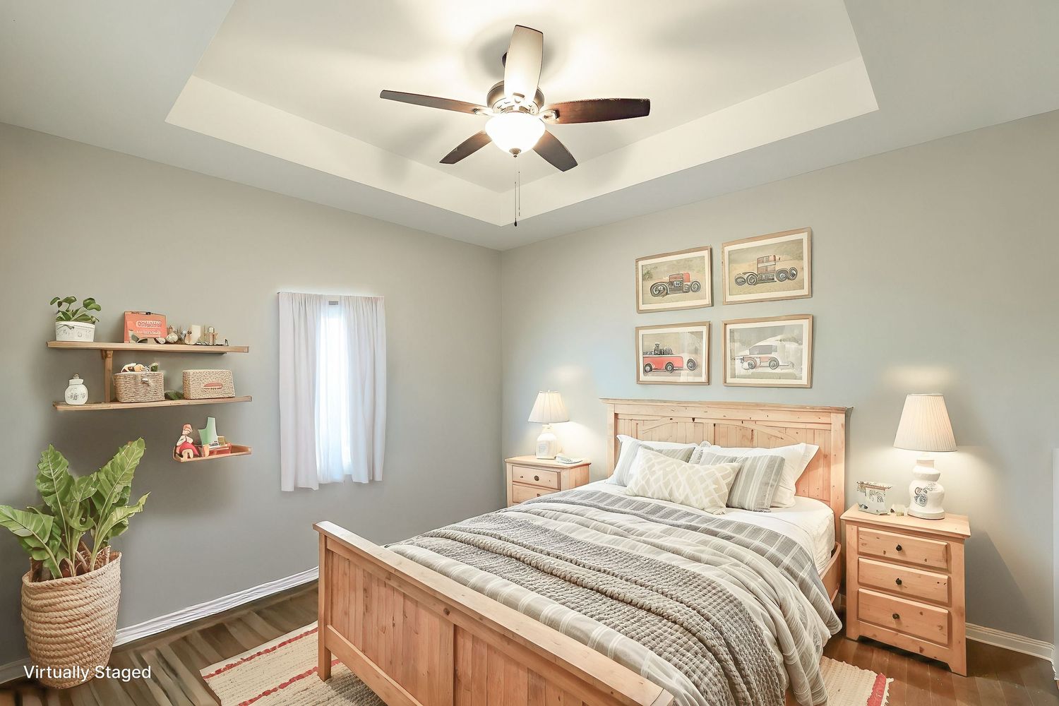 Collage of six interior bedroom photos showing light gray walls, natural wood furniture, and modern farmhouse decor.