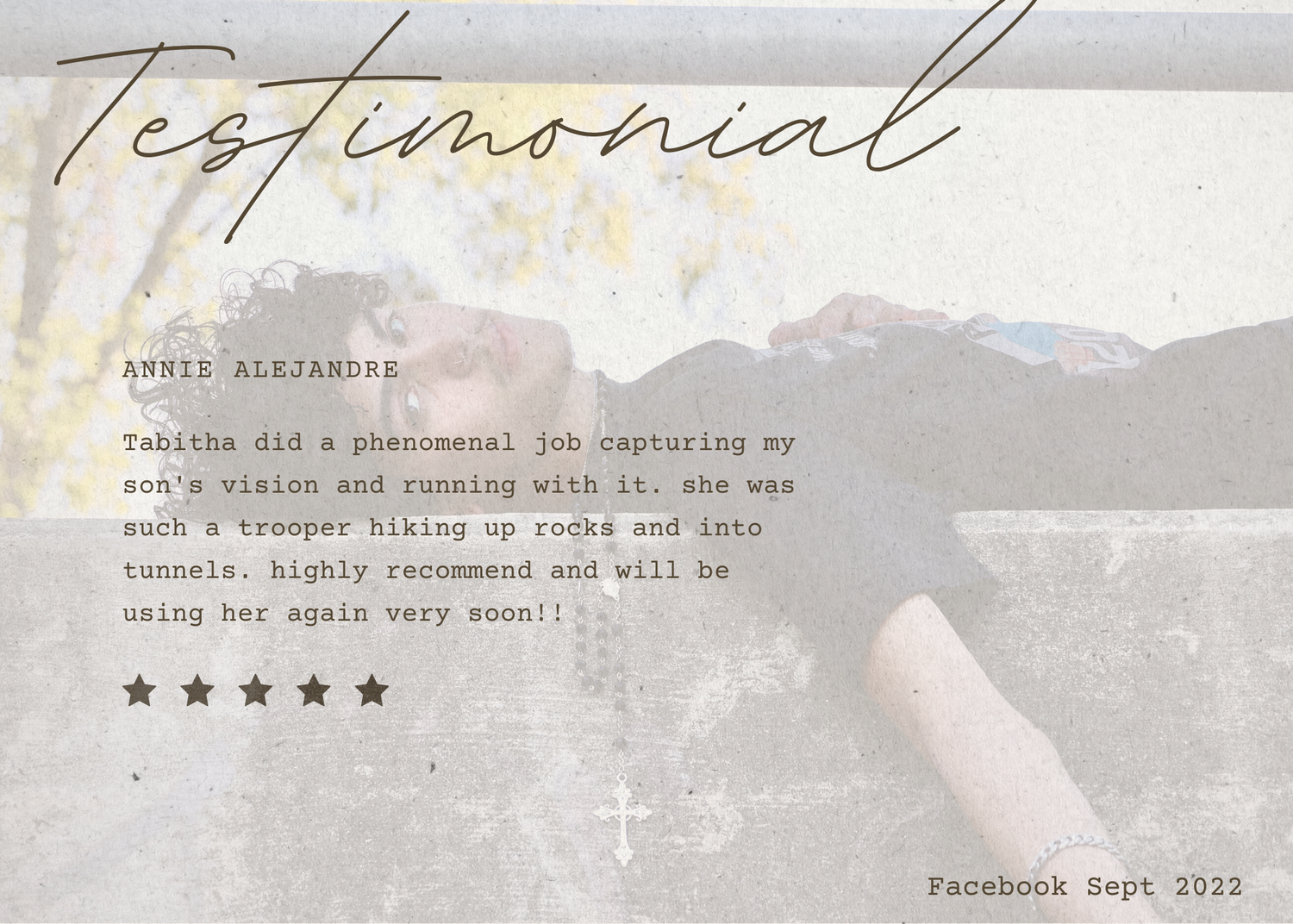 Customer review section featuring faded outdoor photo background and 5 star rating.