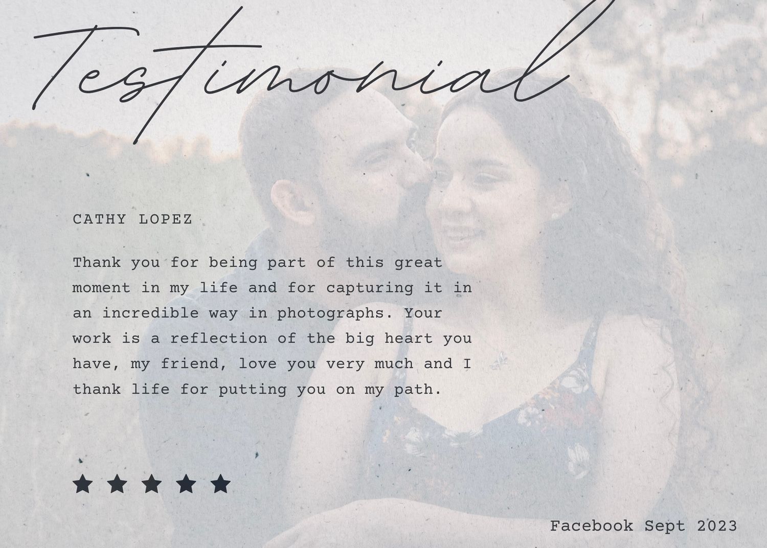 Five star review testimonial card with elegant script font on a muted gray background.