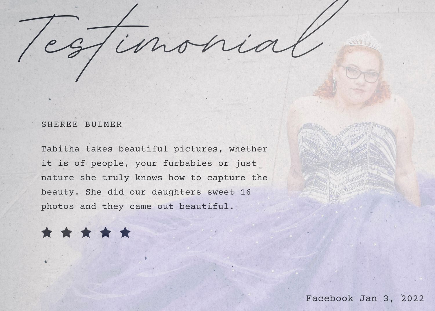 Testimonial layout featuring purple tinted background image and 5 star rating.