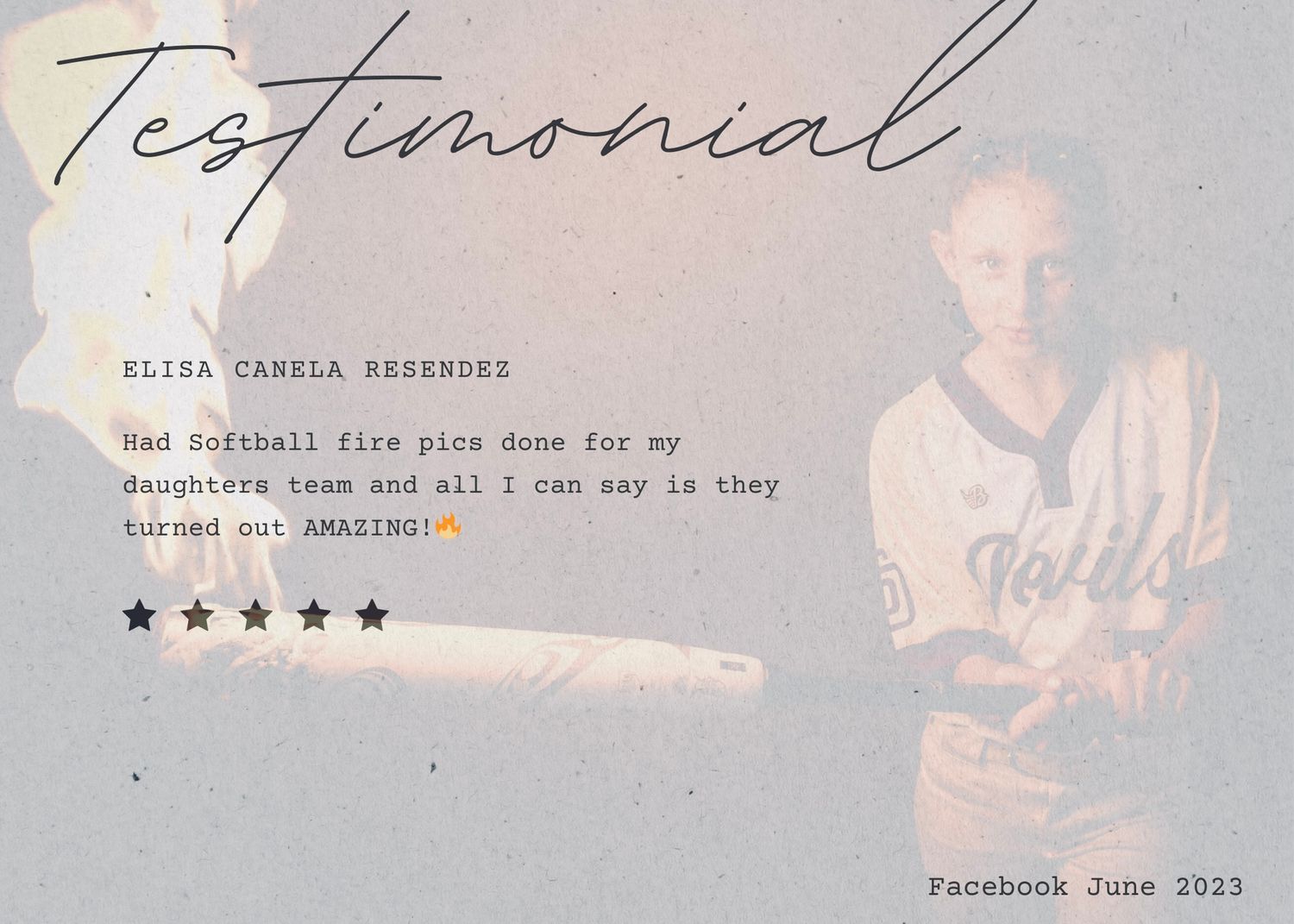 Testimonial design with text overlay on a gray background showing a 5 star rating.