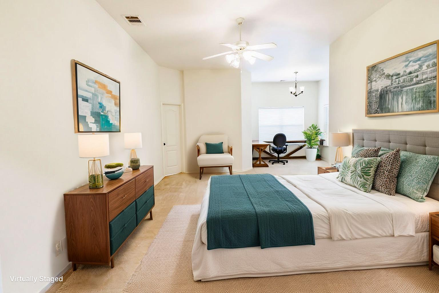 Spacious bedroom with teal accents, modern bed frame, and minimalist decor.