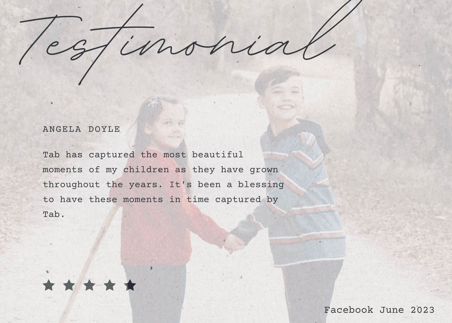 Client testimonial card featuring 5 stars and handwritten style text overlay on a light background.