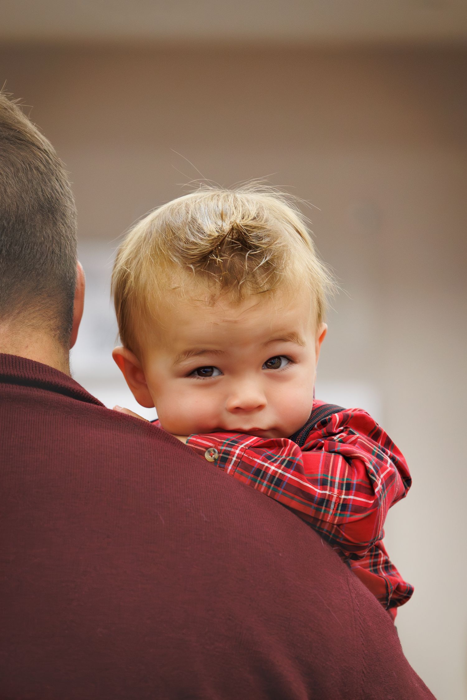 A sequence of photos showing a young child in a red plaid shirt peeking over someone's burgundy-clad shoulder.