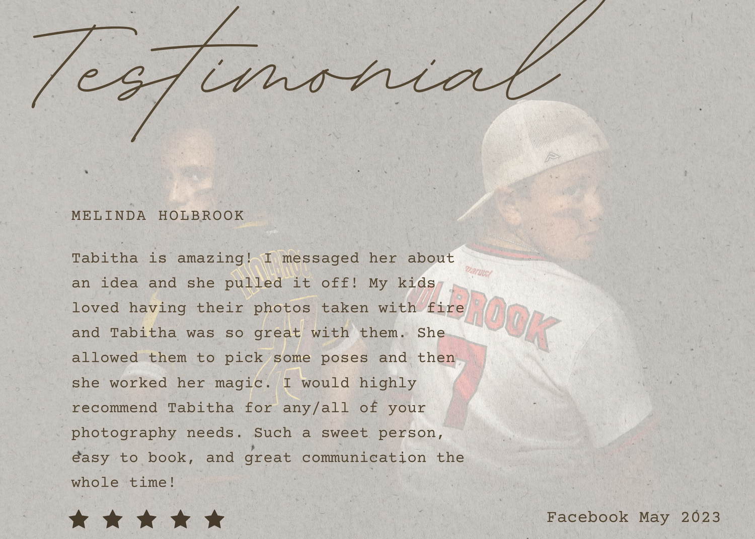 A testimonial section with five star review text and background photography overlay.