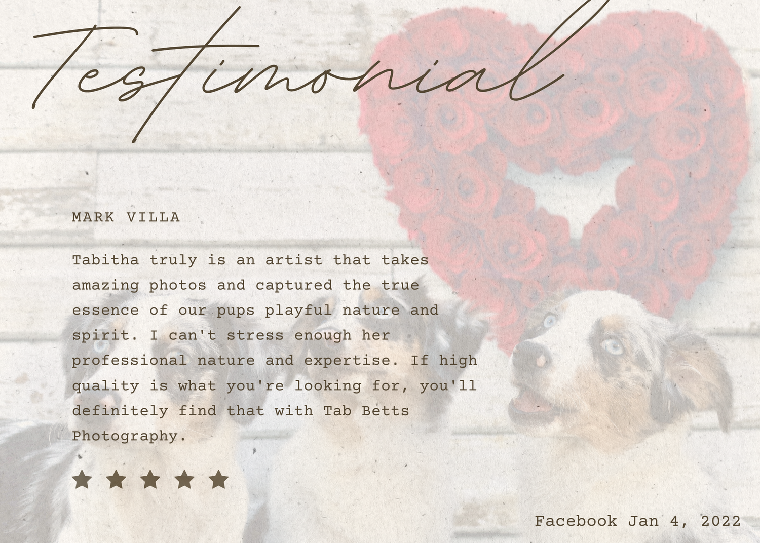 Professional review layout with red tinted background photo and testimonial text.