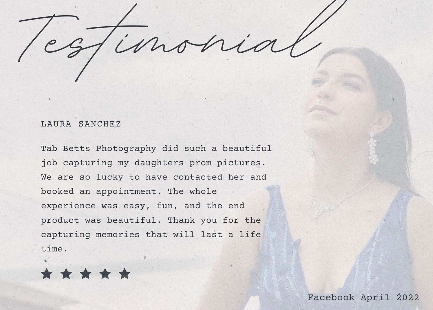 Testimonial review layout with blurred photography background and 4 star rating display.