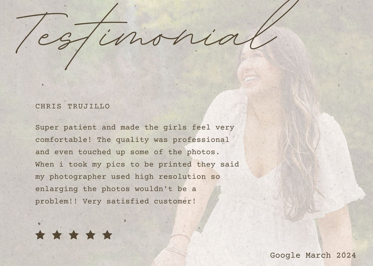 Professional testimonial design with green nature background and star rating system.