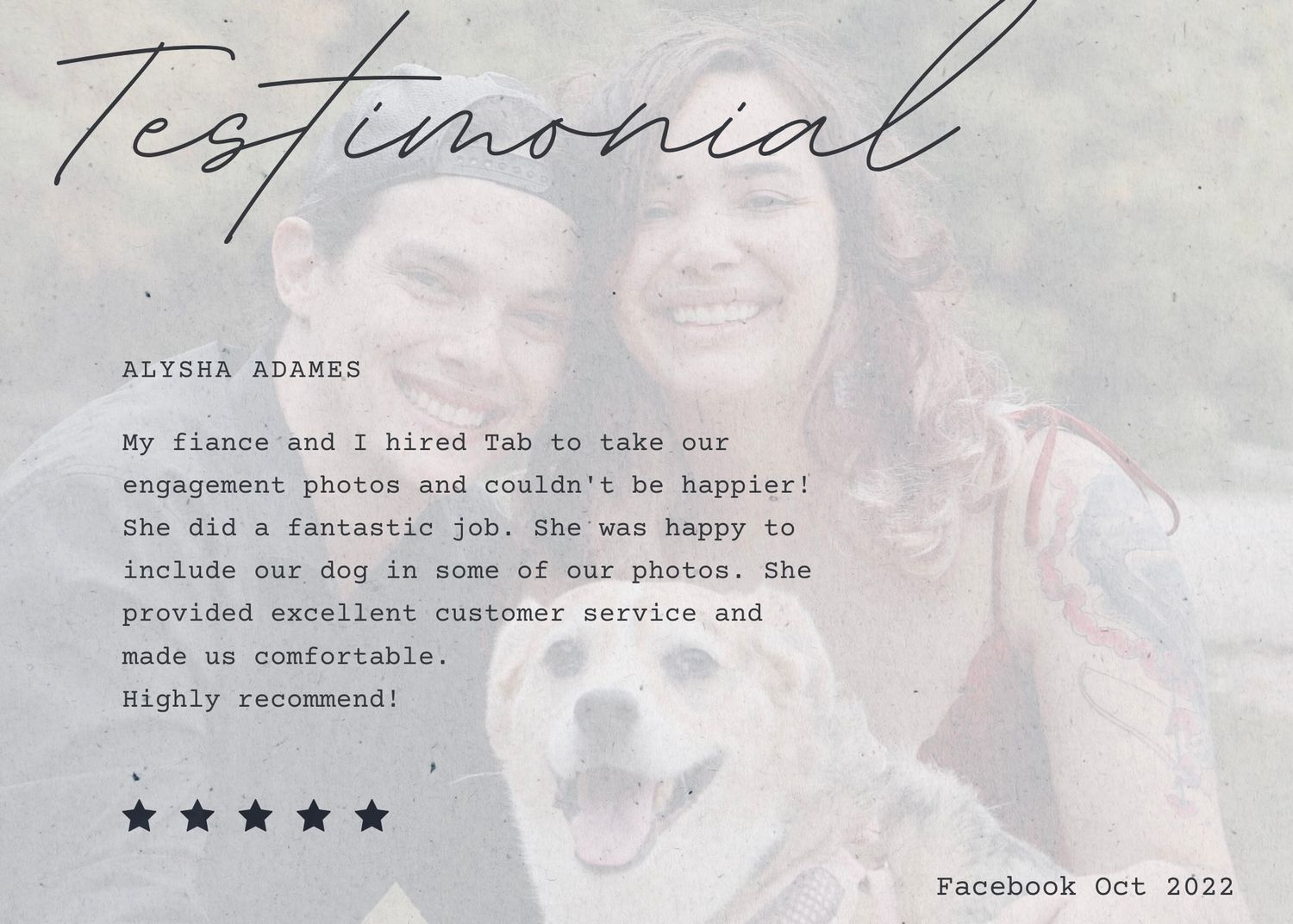 Gray toned testimonial card featuring a 5 star review with stylized text overlay.