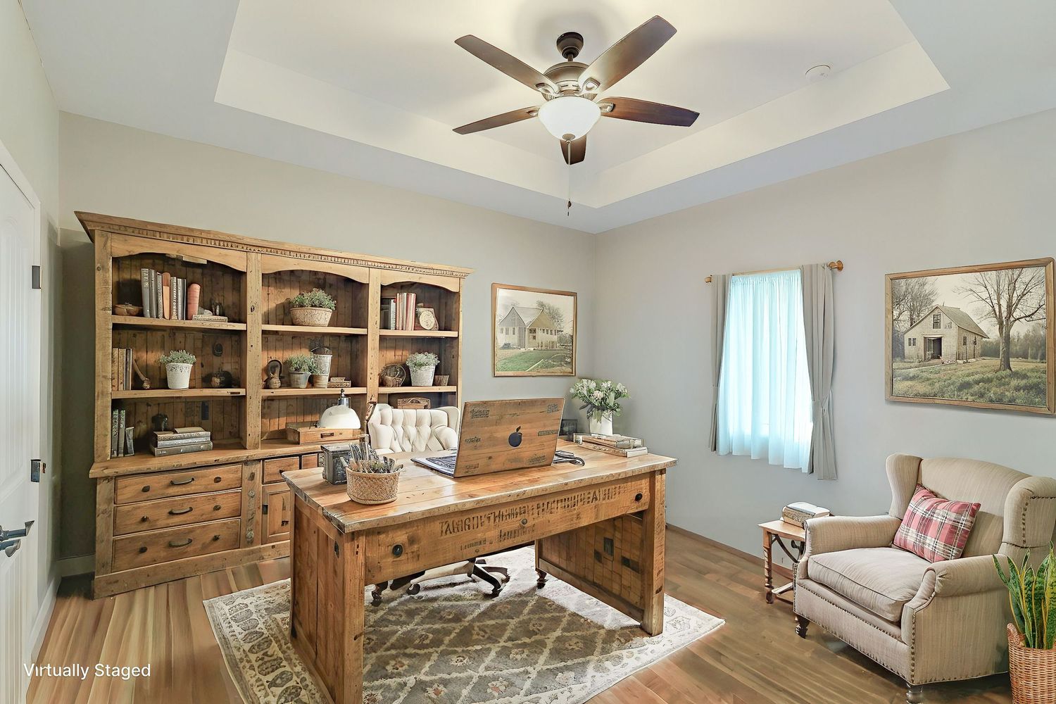 A collage of interior home photos showing a modern living space with wooden furniture, ceiling fans, and built-in bookshelves.