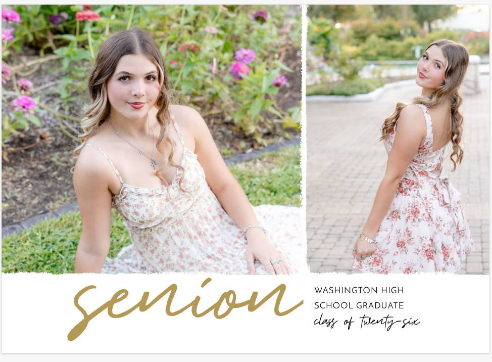 Senior high school graduate portrait collage in floral dress among garden flowers, class of twenty-six announcement card.