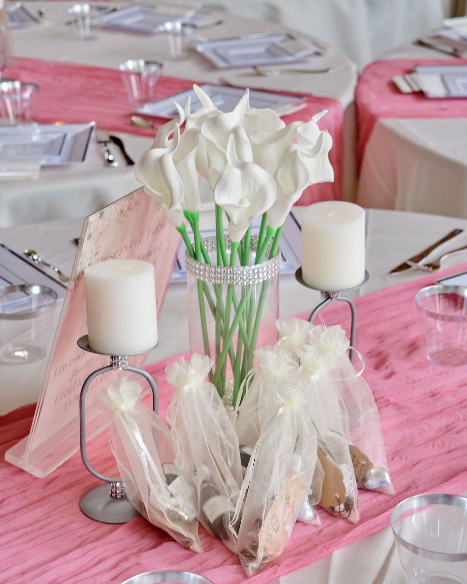 Wedding reception table decor with white floral centerpieces and pink tablecloths.