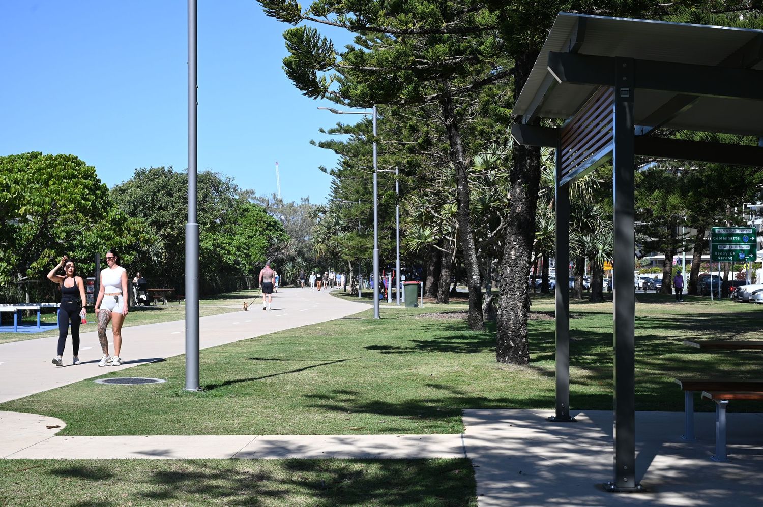 People walking along a sunny coastal park pathway lined with tall pine trees and a modern shelter structure.