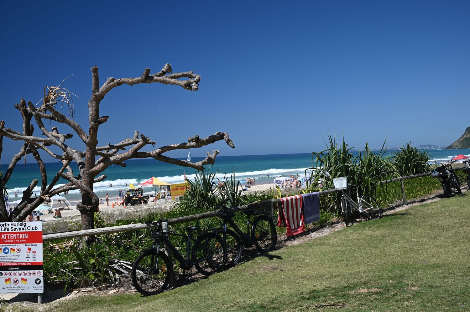 Bicycles parked near a lush green lawn overlooking a sunny beach with colorful umbrellas and clear blue ocean.
