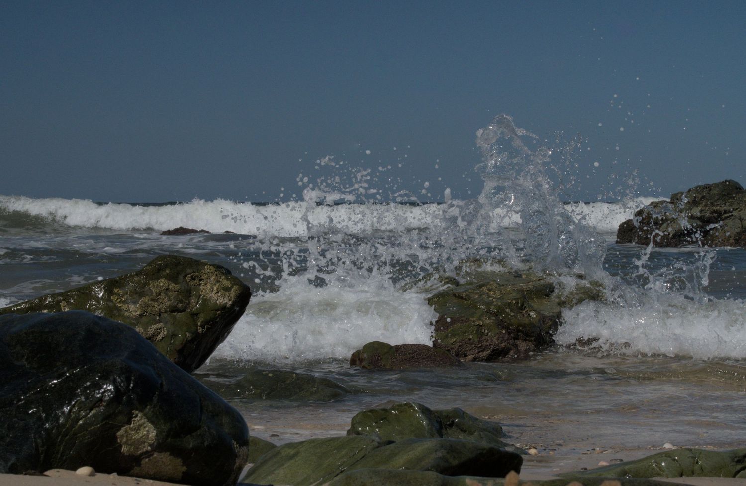 Powerful ocean waves crashing over moss-covered rocks on a sunny coastal shoreline.