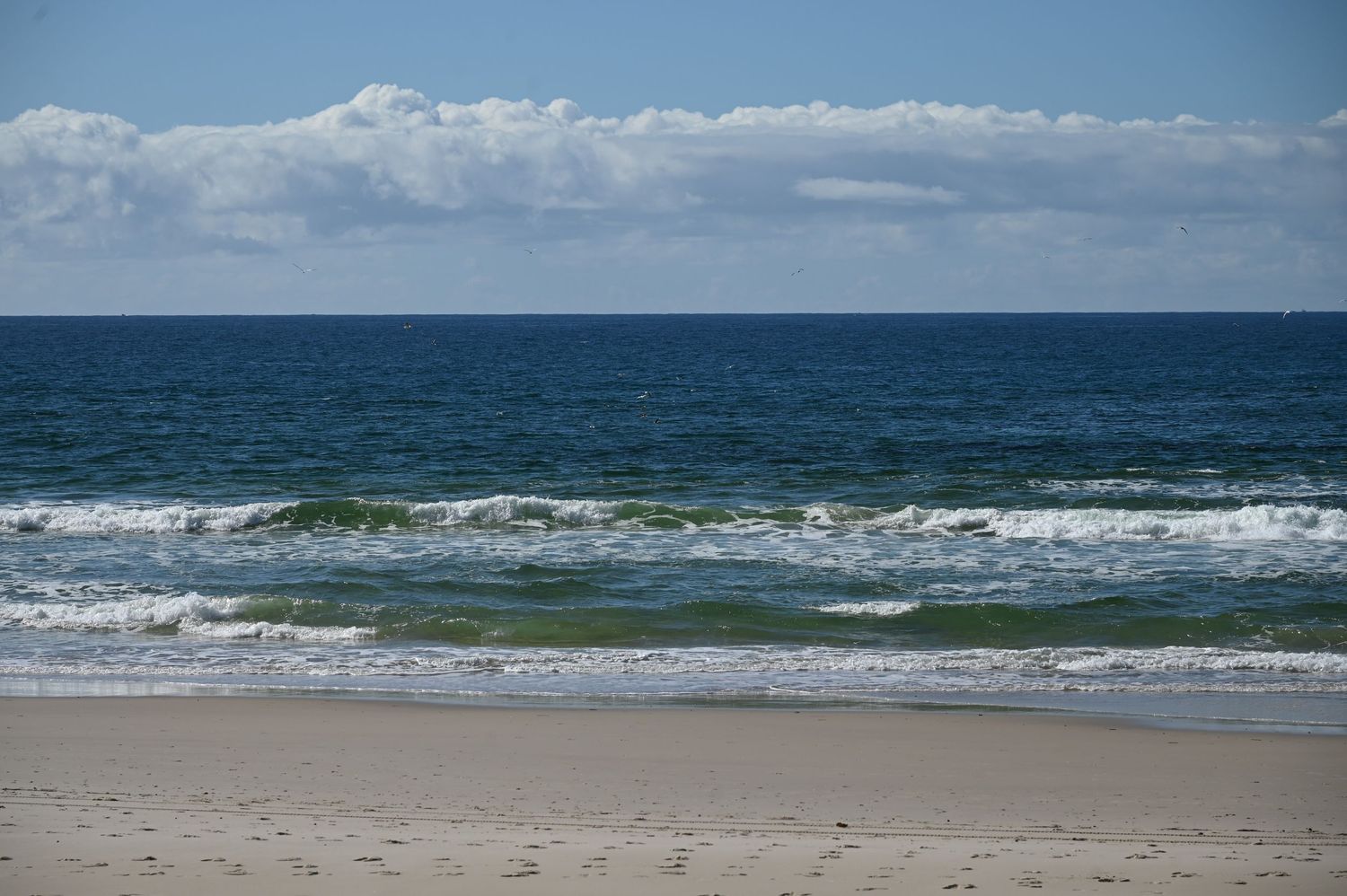 Sandy beach with rolling ocean waves under a blue sky with white clouds on a sunny day.