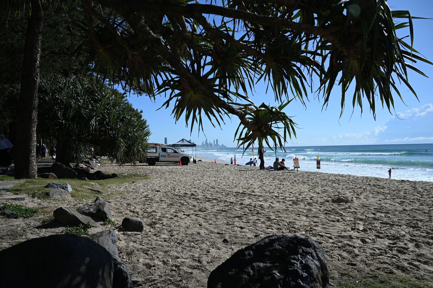Tropical beach scene framed by pandanus palms with surfers and city skyline in the distance.