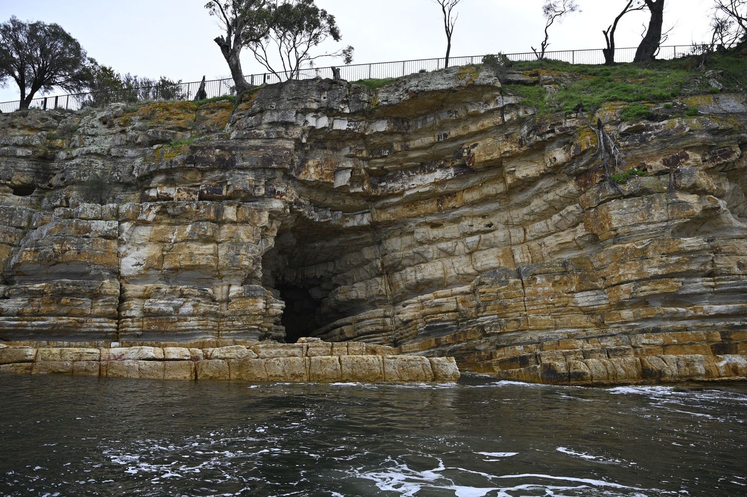 Rocky coastal cave entrance with layered sandstone cliffs rising from calm ocean waters, with trees and fence visible above.