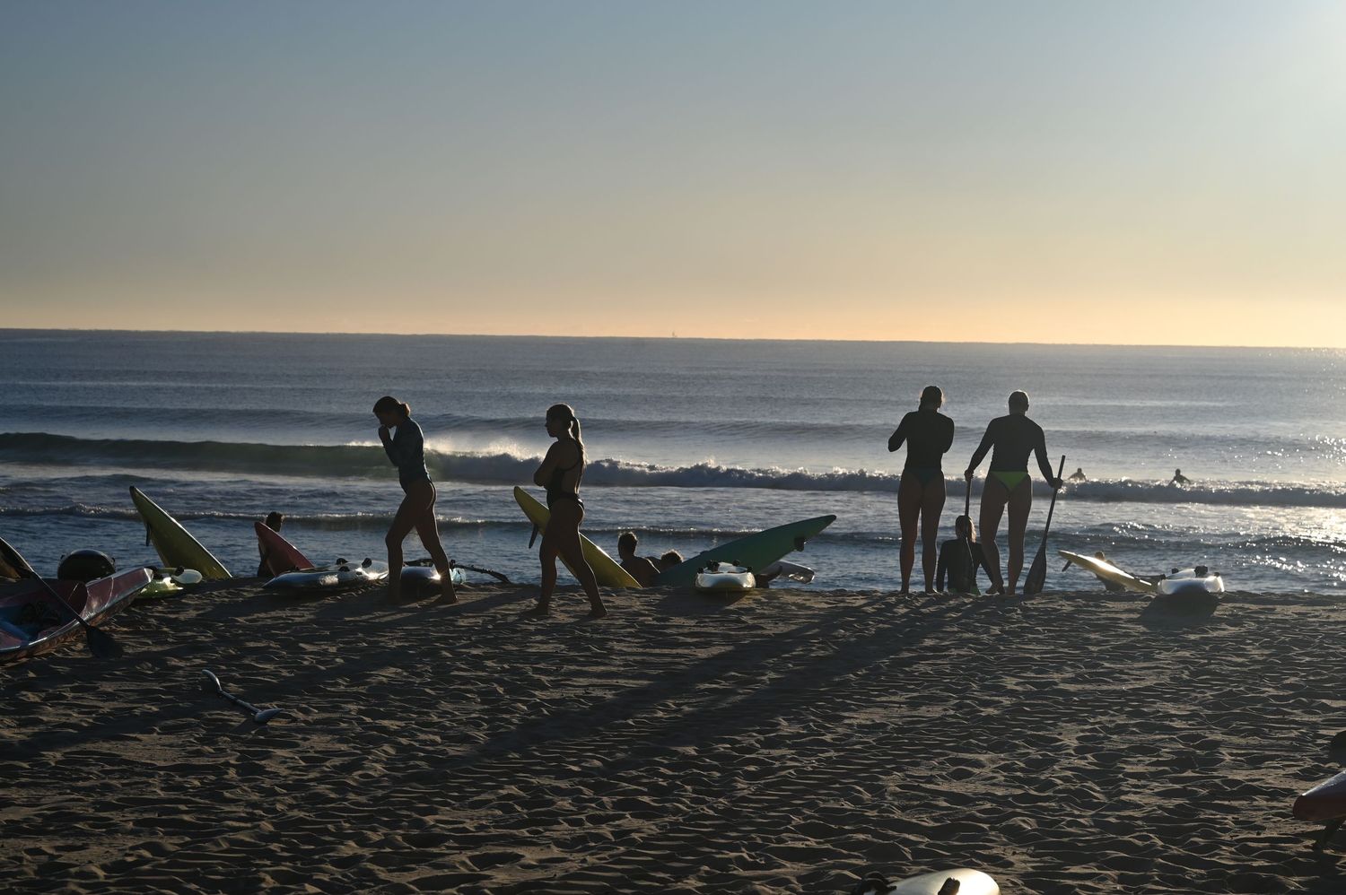 Silhouetted surfers stand with longboards on a sandy beach at golden sunset by the ocean.